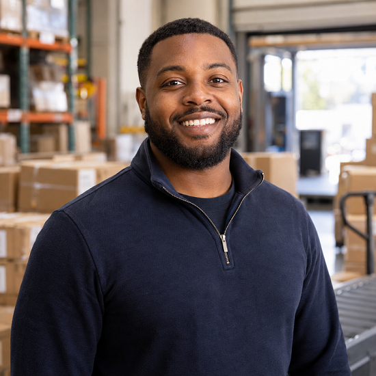 Happy customer testimonial portrait in warehouse setting