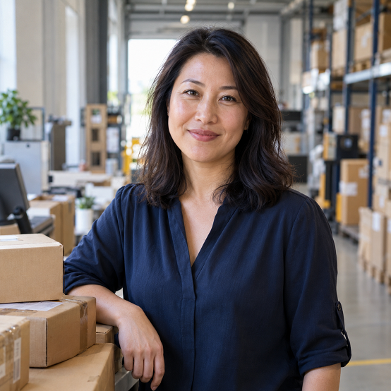 Satisfied customer testimonial portrait in wholesale warehouse