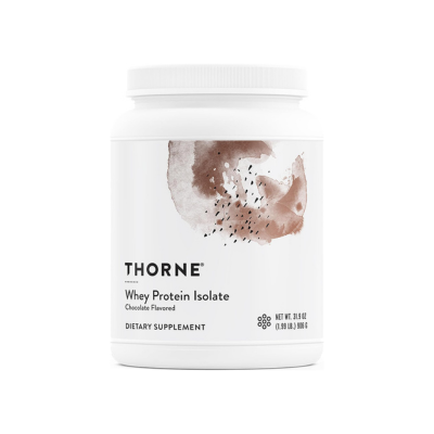 Thorne Whey Protein Isolate chocolate flavored dietary supplement tub