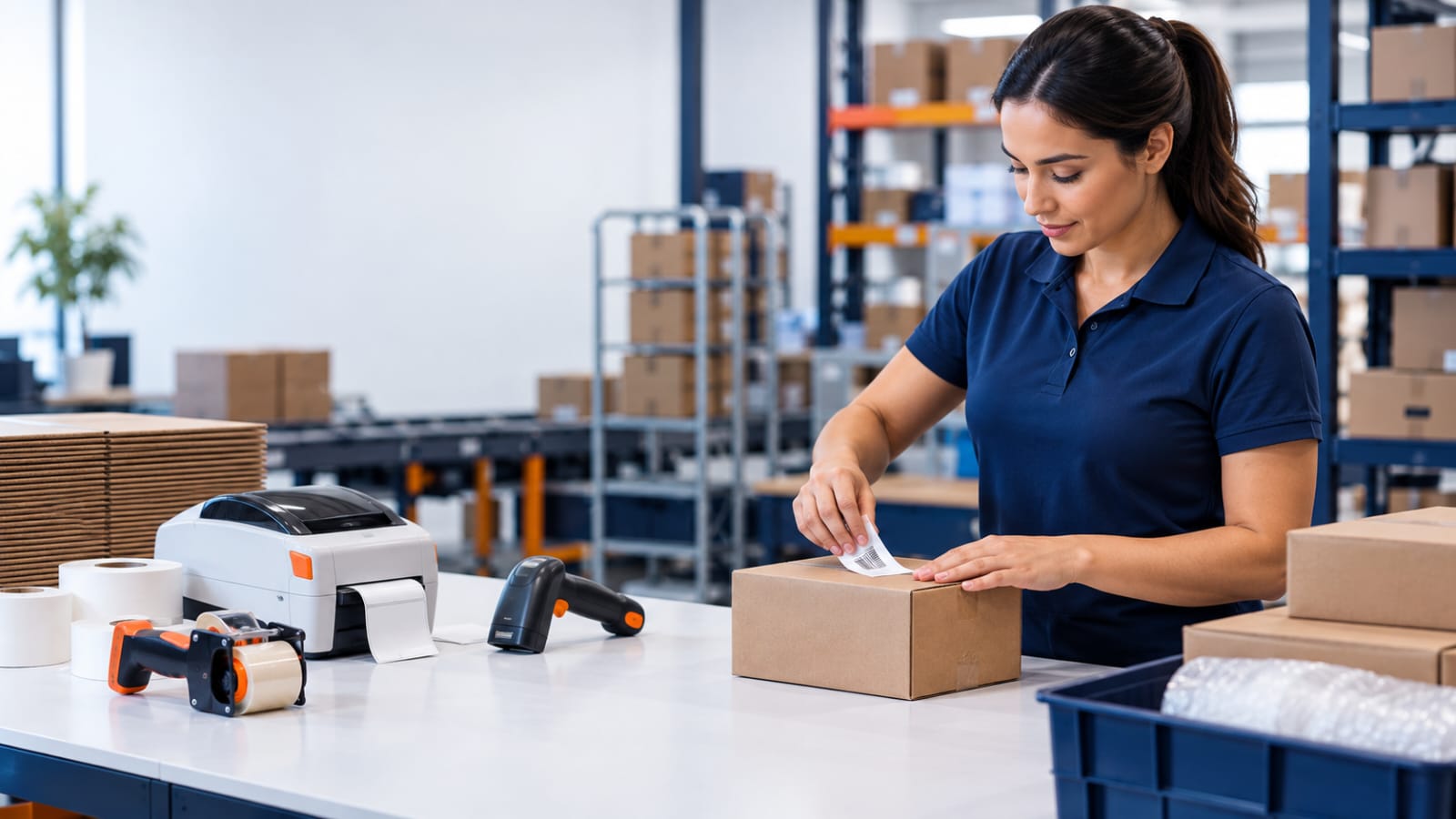 Worker labeling box for FBA prep and shipping services