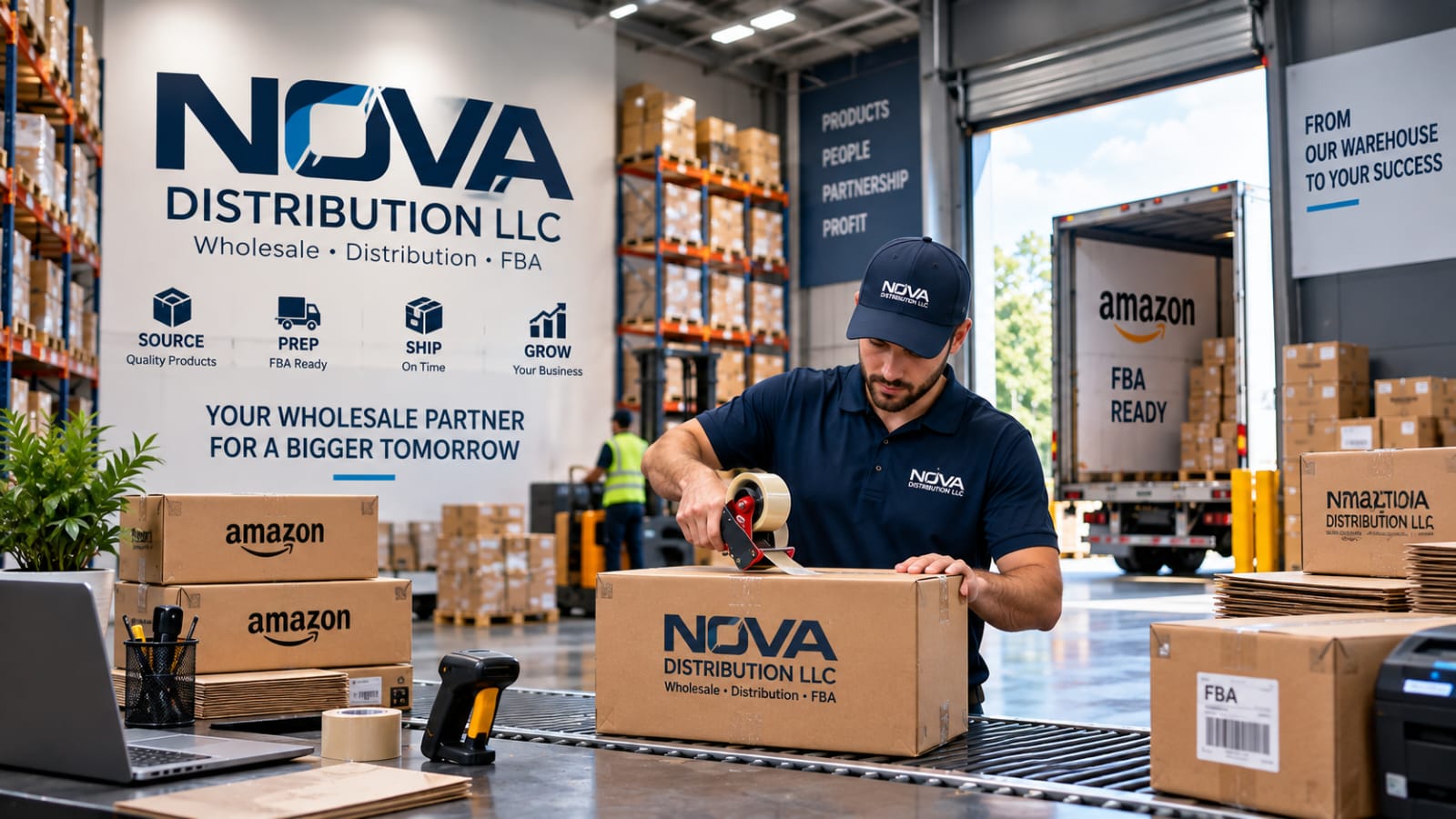 "Nova Distribution LLC wholesale FBA warehouse with Amazon-ready boxes"