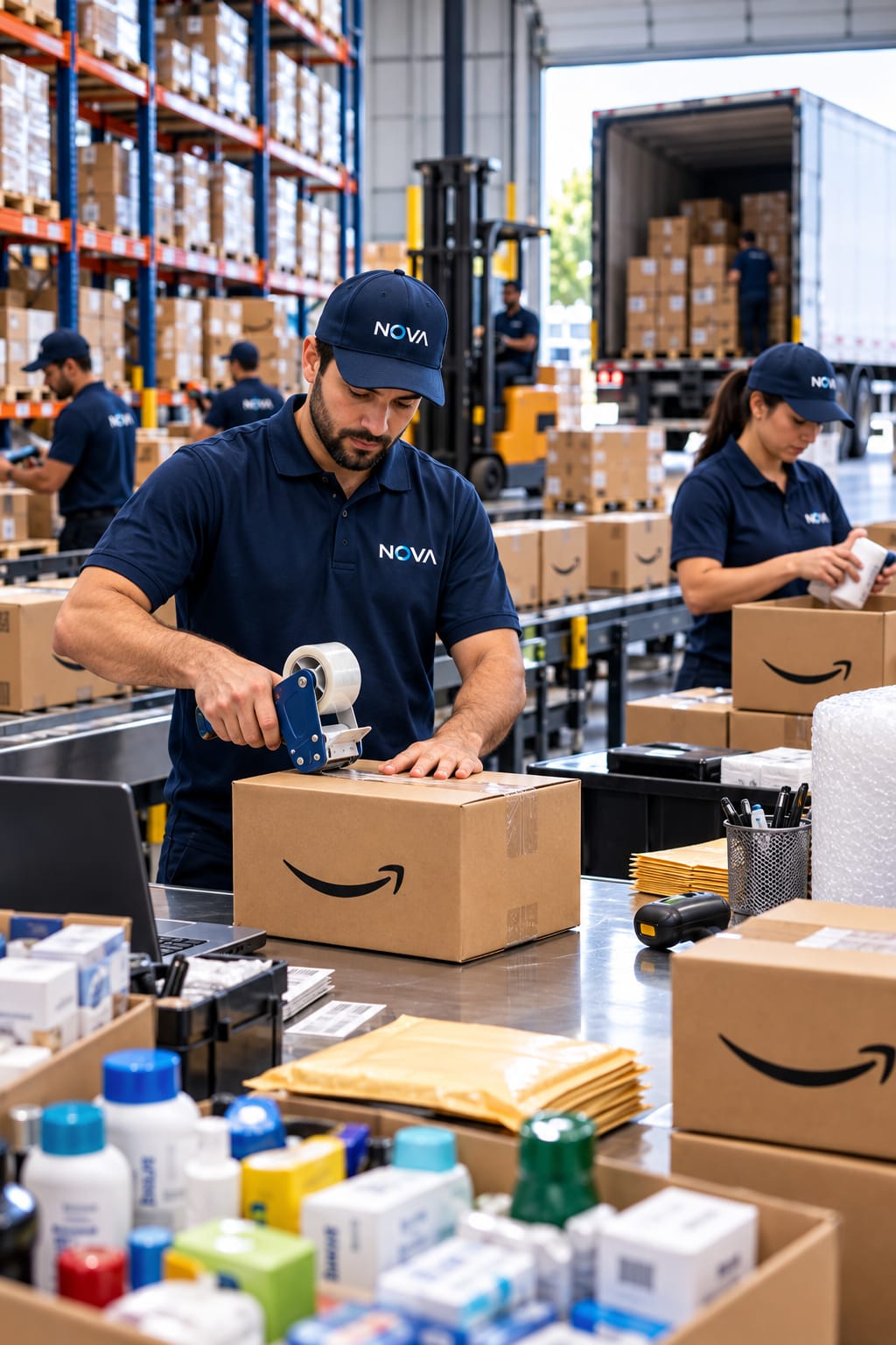 Nova Distribution LLC staff taping and sealing Amazon FBA boxes in wholesale distribution warehouse