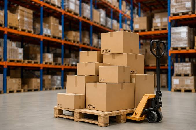 Wholesale distribution warehouse with stacked boxes and pallet jack